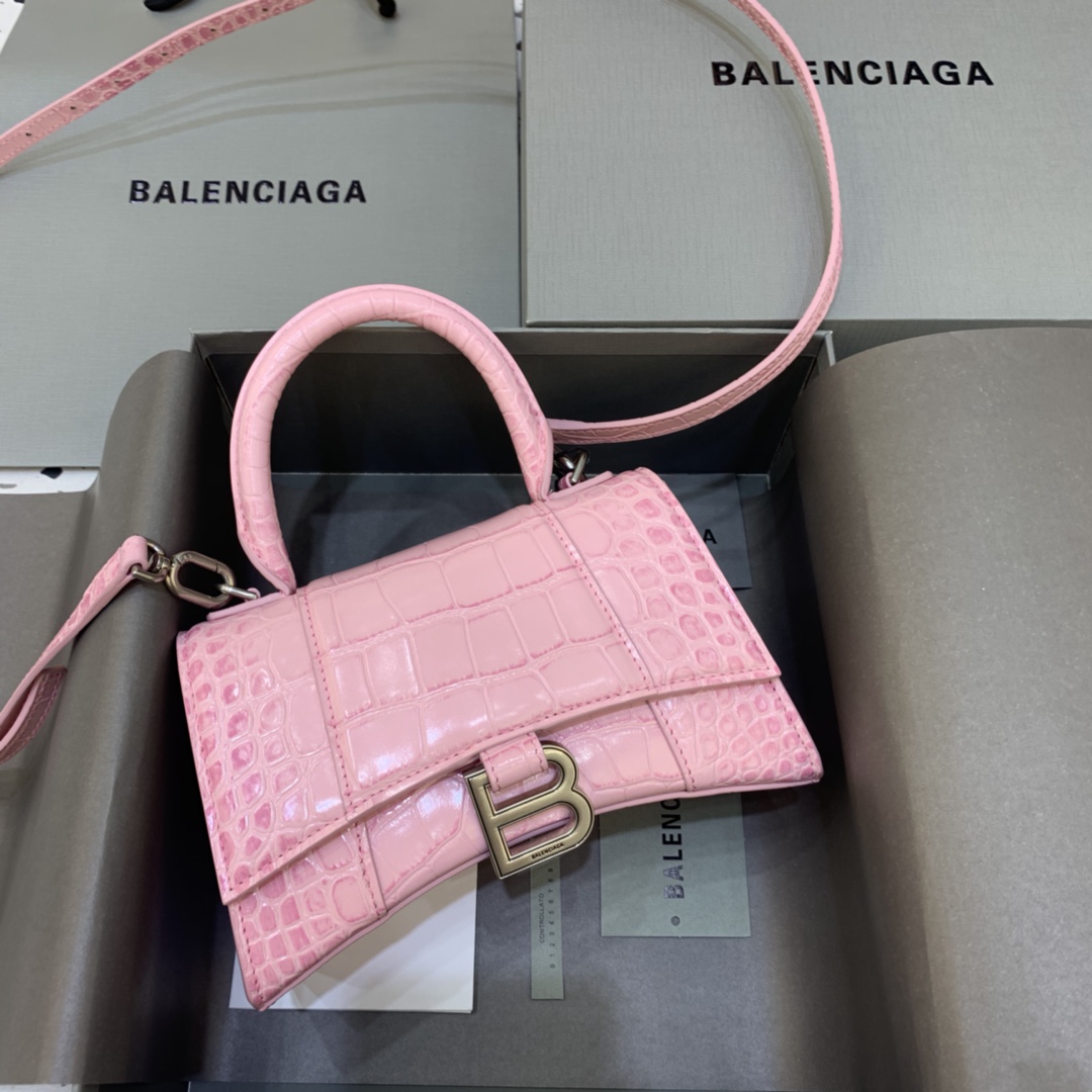 Balenciaga Hourglass XS Handbag Crocodile Embossed Shoulder Bag Light Pink